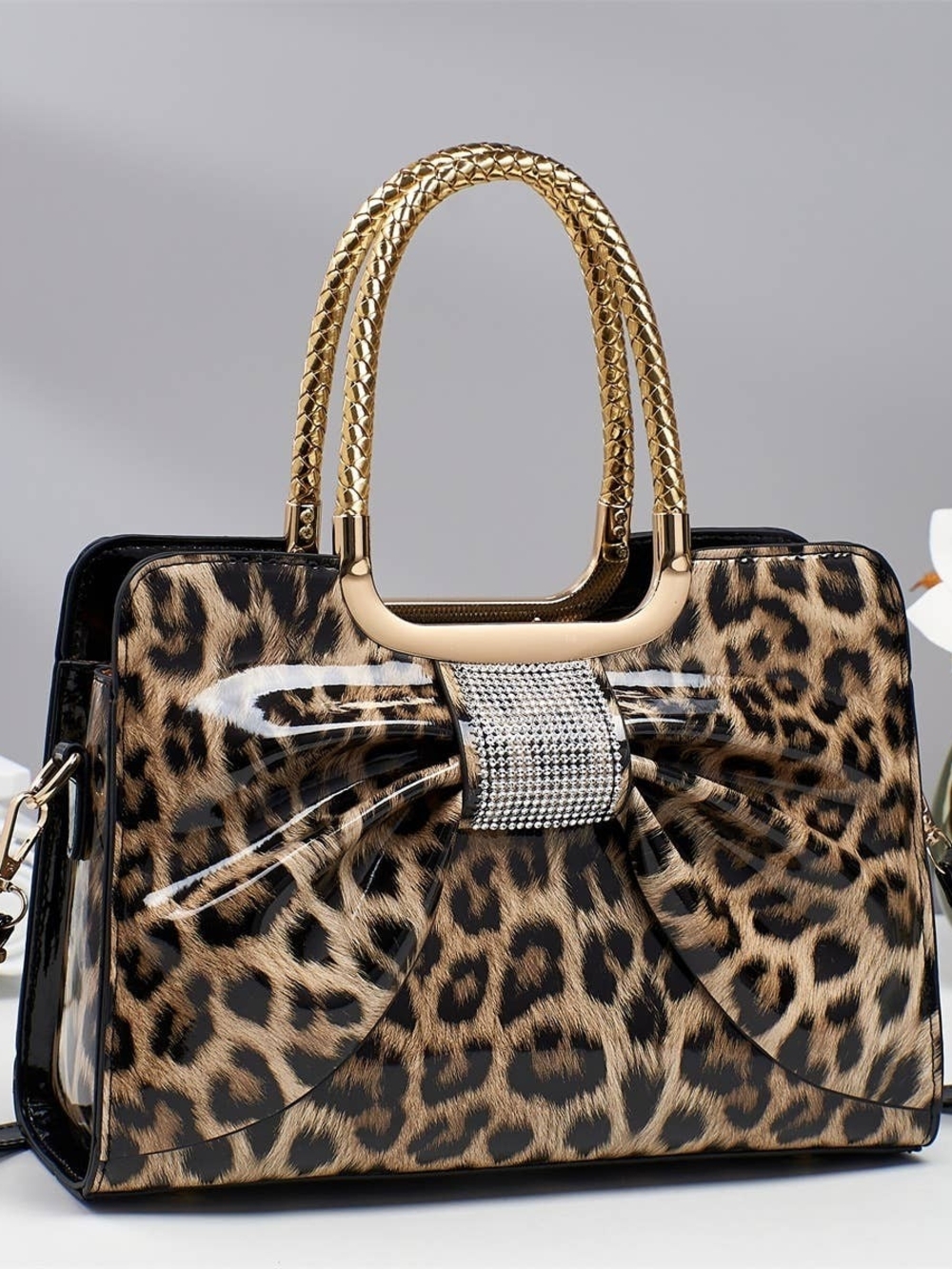 Leopard Print Satin Bow Handbag with Gold Handles